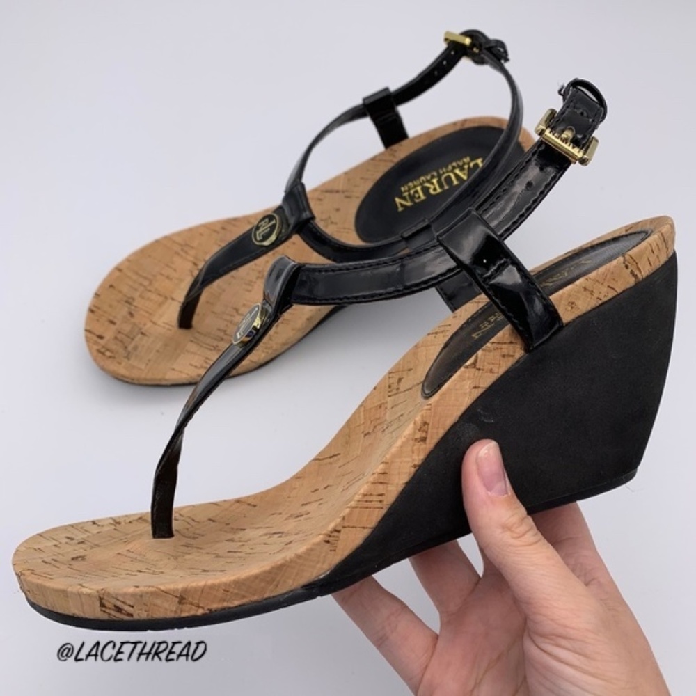 RALPH LAUREN - Reeta T-Strap Thong Wedge Sandals